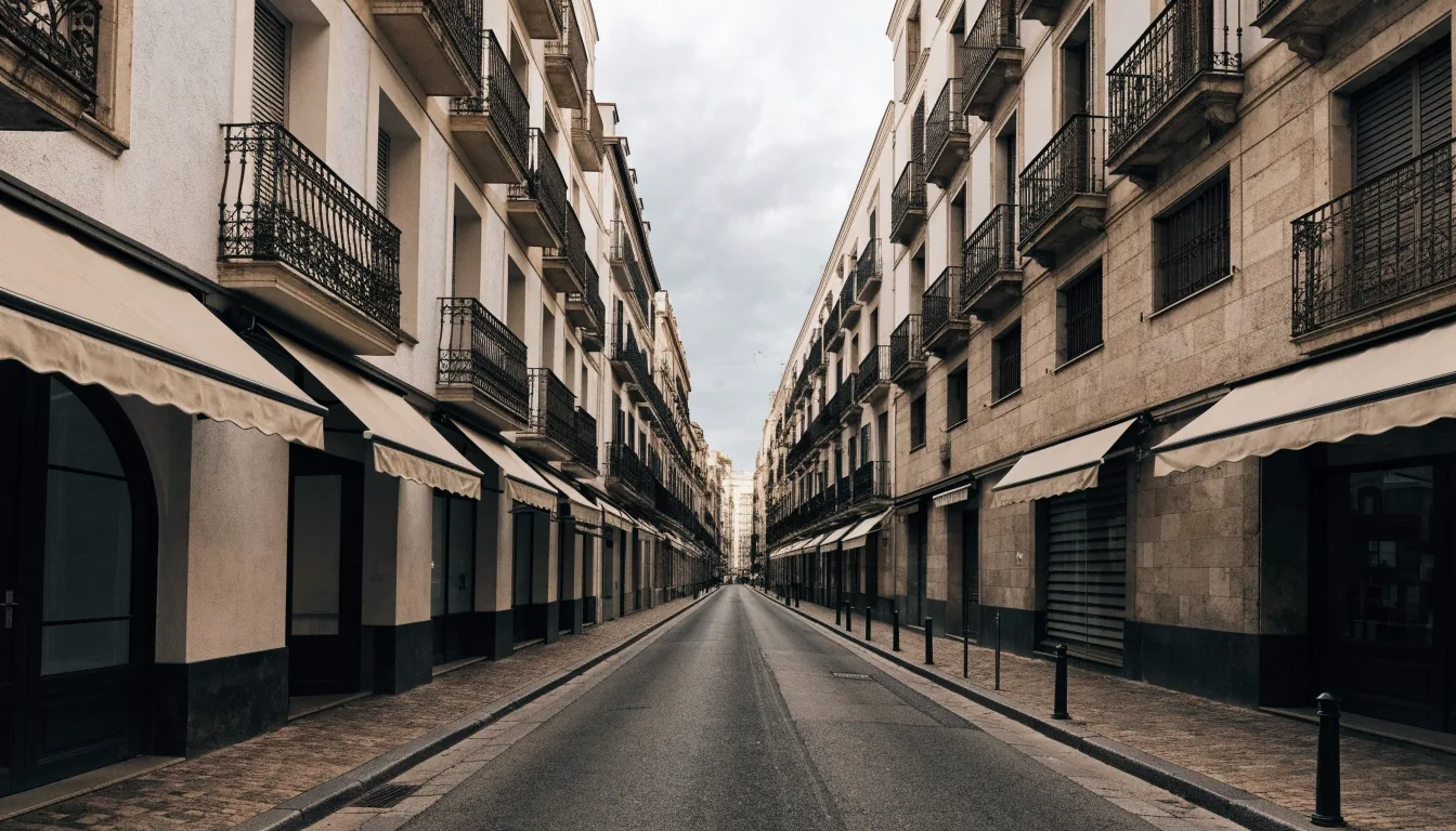 Calle residencial española con fachadas de balcones y toldos bajo luz nublada