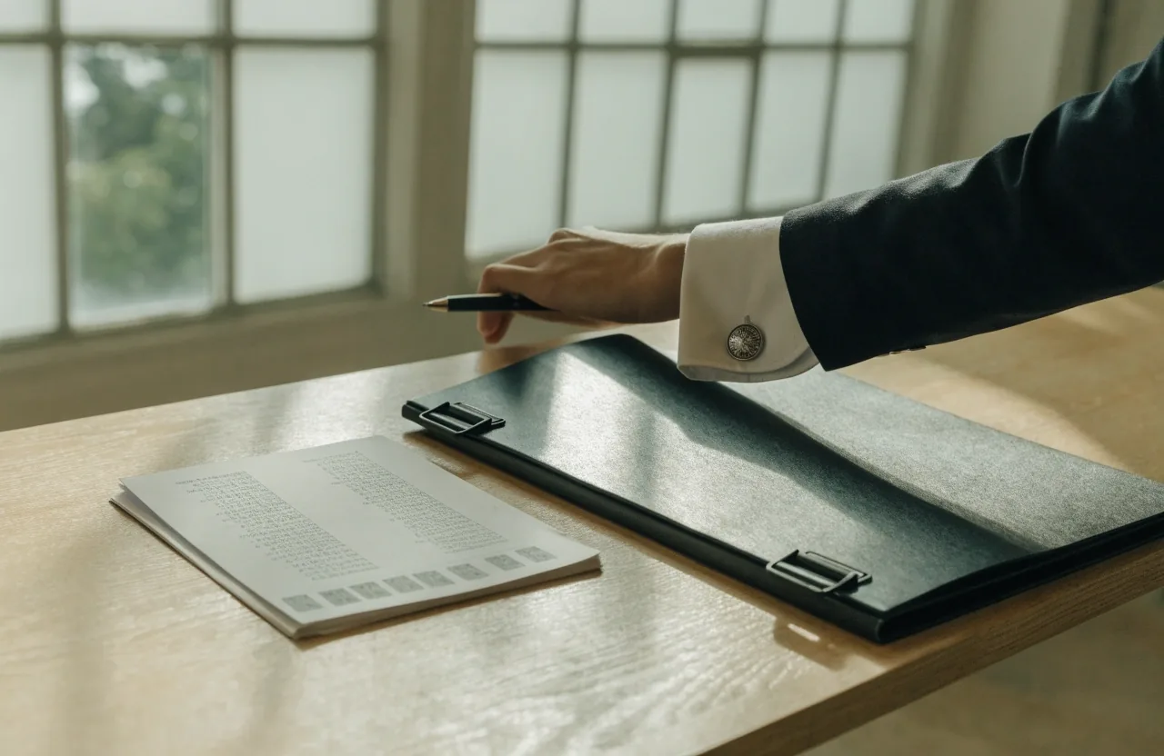 Persona revisando una carpeta de documentos financieros sobre una mesa de despacho