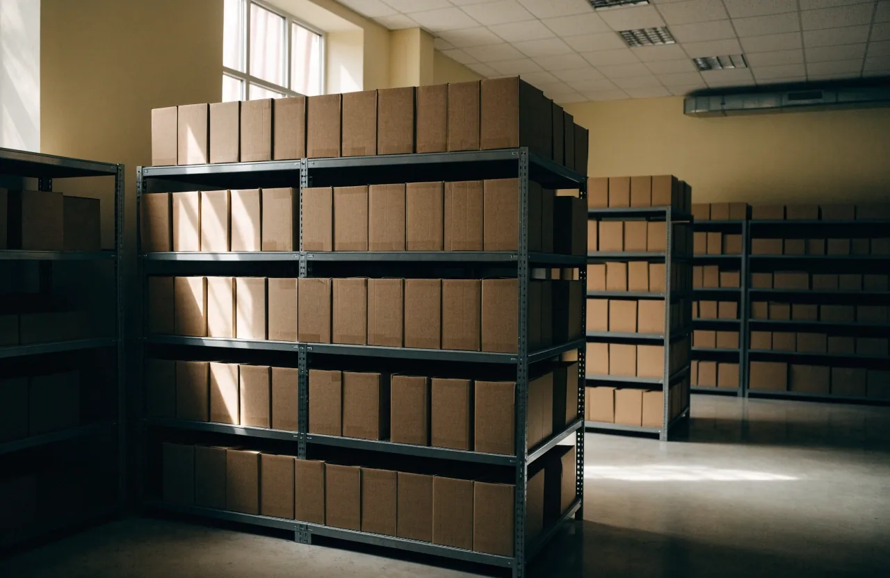 Cajas de archivo apiladas en el pasillo de una oficina