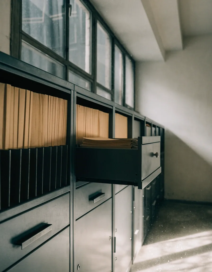 Cajón de archivo de oficina abierto con carpetas cerradas