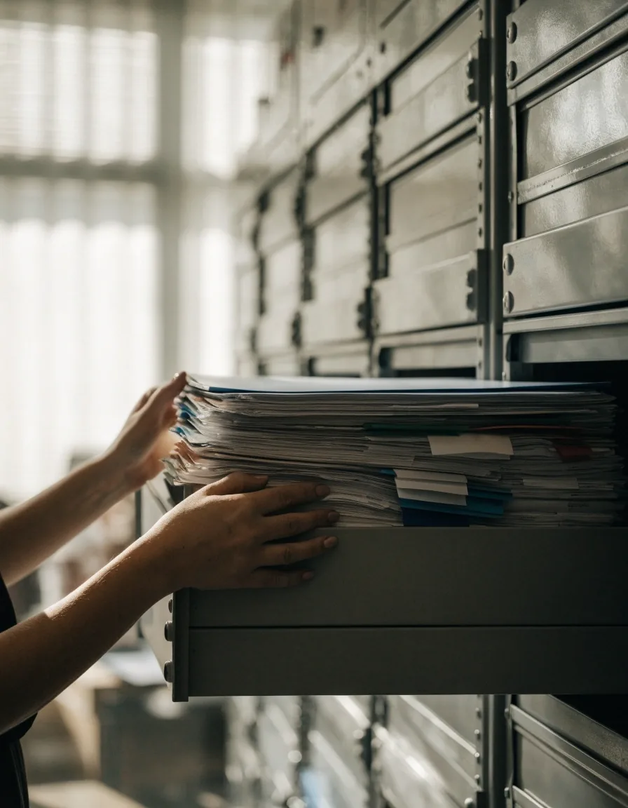 Manos ordenando carpetas de préstamos hipotecarios en un archivador metálico